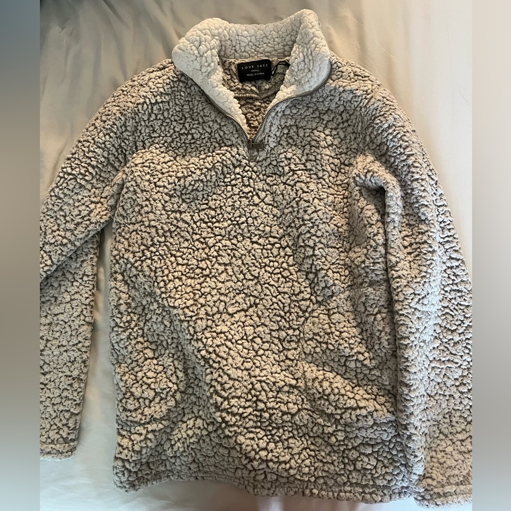 Soft White/Gray Furry Quarter Zip Up Hoodie